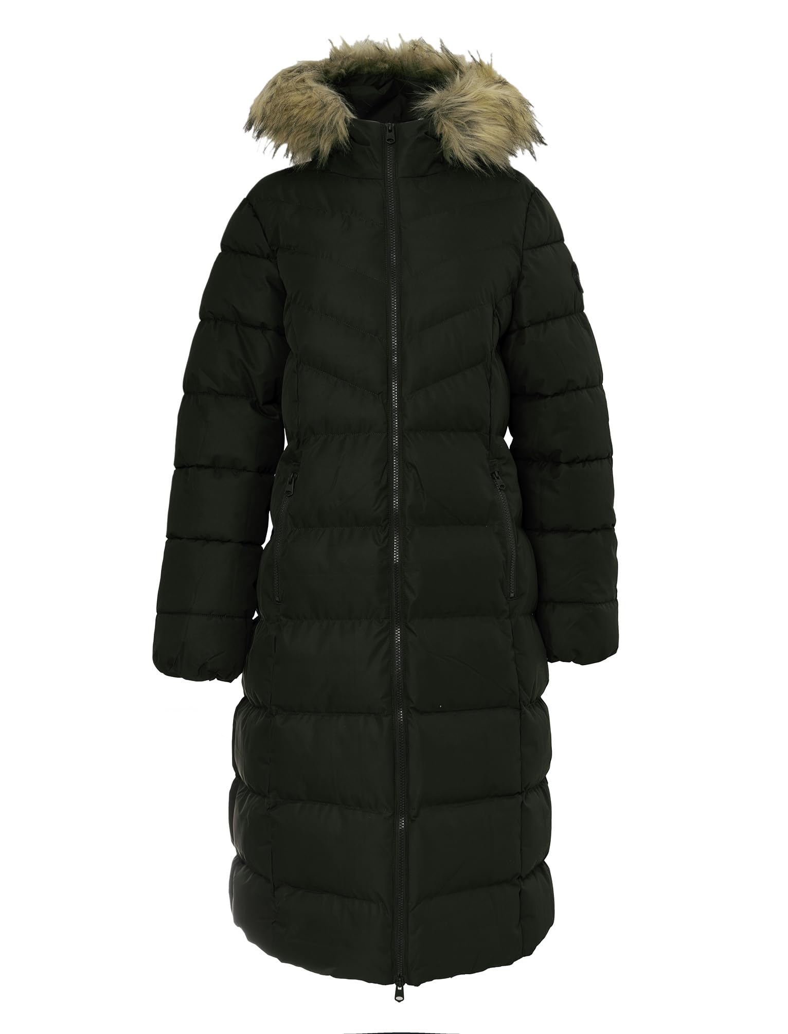 Tokyo Laundry Women's Khaki Crosage Longline Quilted Hooded Puffer Coat With Detachable Faux Fur Trim