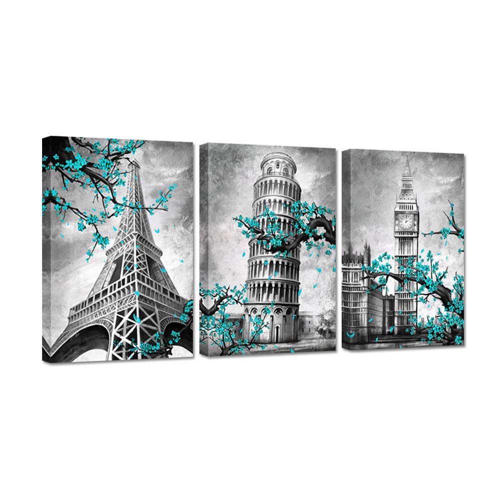 Zlove 3 Pieces Eiffel Tower Leaning Tower of Pisa Big Ben Canvas Prints Famous Modern Building Teal Blue Plum Blossom Picture Painting on Canvas for Bedroom Living Room Decor 16x24inchx3pcs