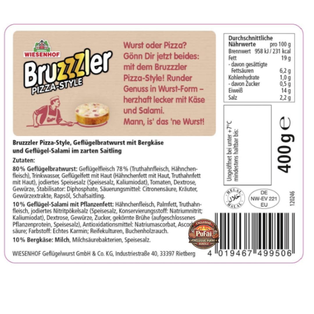 PUFAI Bundle – Wiesenhof Bratwürstchen Pizza Style 400g x4 Er– Würstchen mit Pizza Gewürz, Für Grill & Pfanne, Snack & BBQ Use