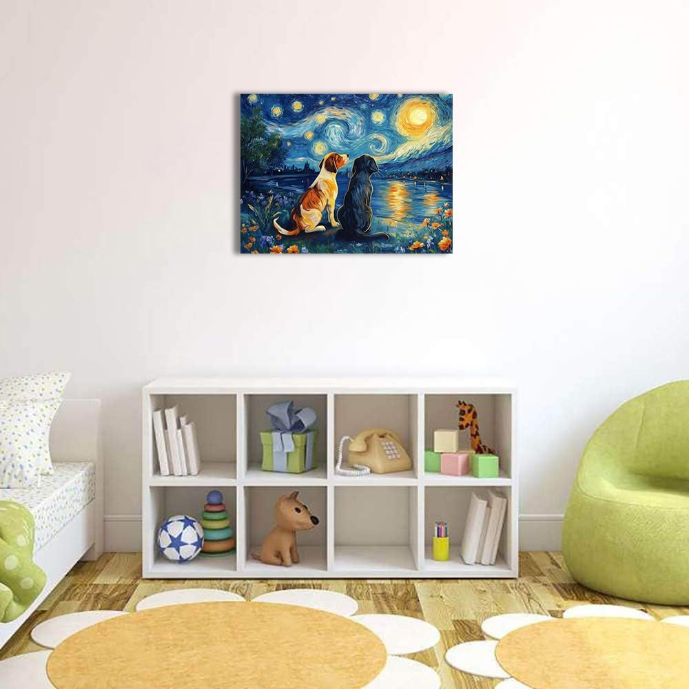 Ypxzzj Van Gogh Starry Night With Dogs Canvas Wall Art,Night Starry Prints Pictures Paintings Wall Decor, Animal Dog Artworks for Bedroom Living Room Wall Decor Framed Ready to Hang