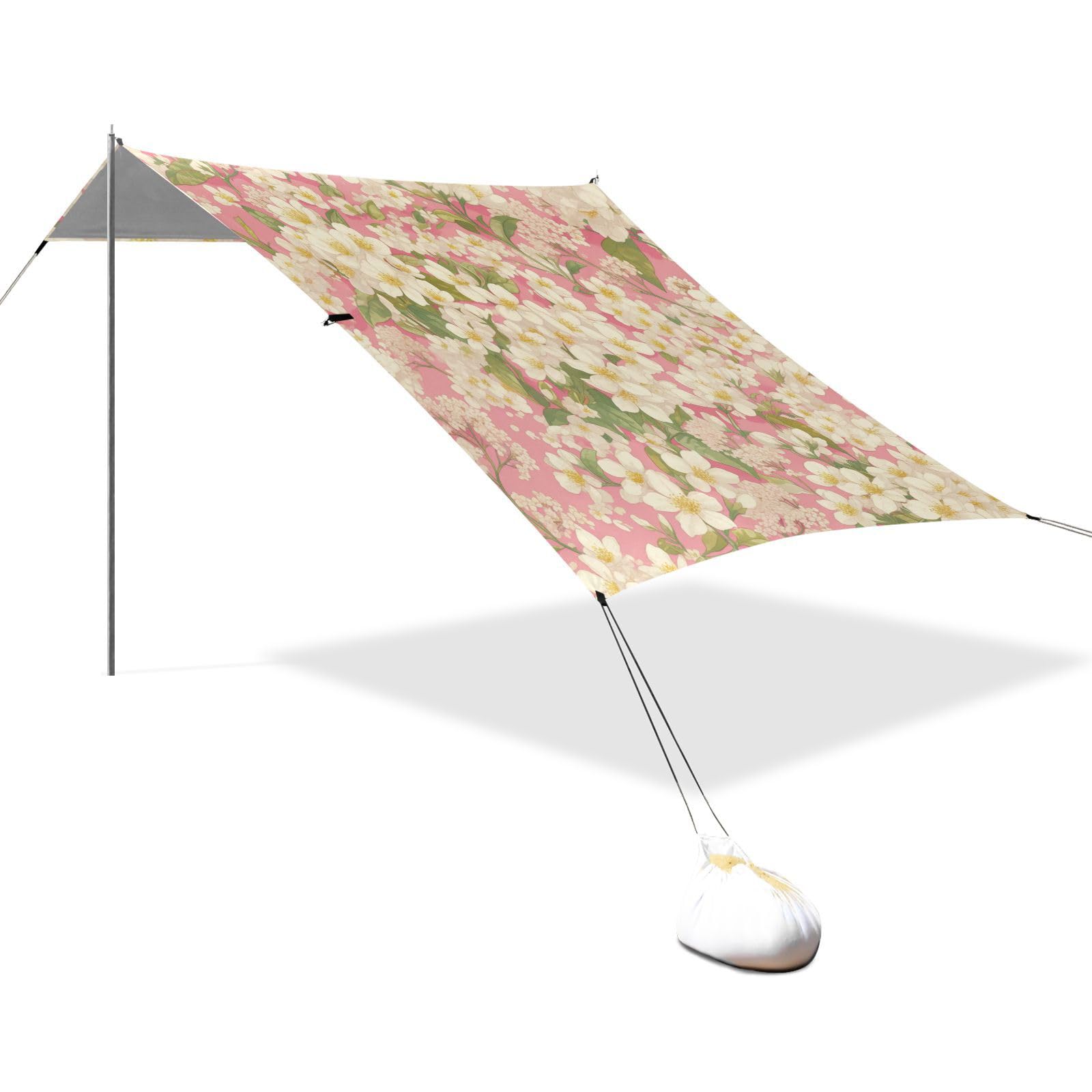 Tenda da spiaggia bianca floreale rosa e baldacchino UPF50 leggera e portatile con pala per sabbia, sacchi di sabbia per cortile, prato, parco
