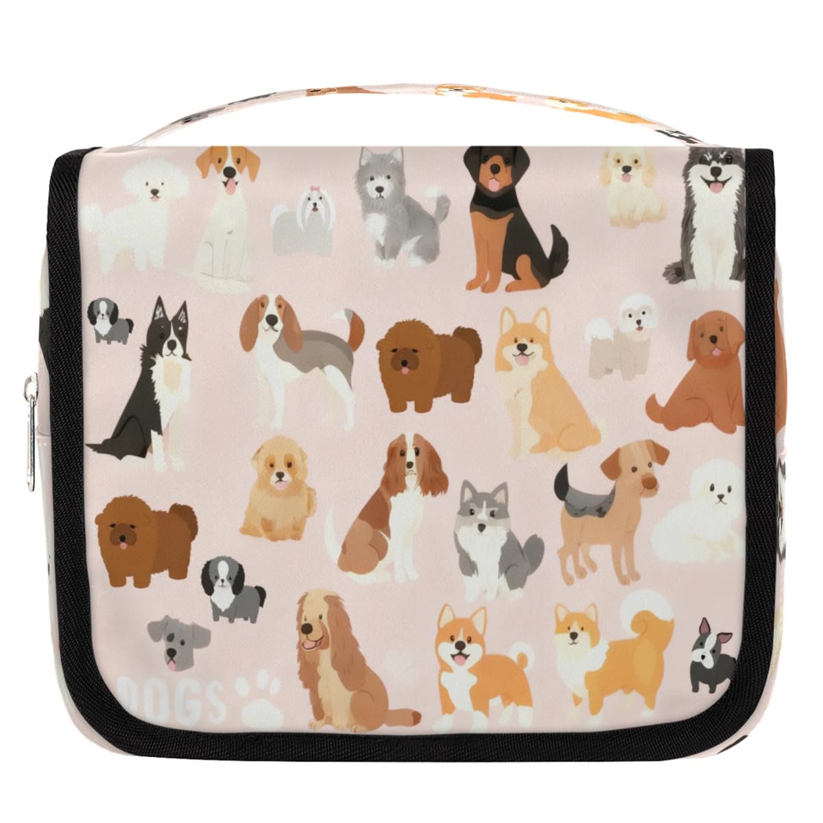 cfpolar Cute Dogs Travel Toiletry Bag with Hanging Hook, Dog Paws Pink Waterproof Toiletries Travel Bag for Women Girls, Portable Make Up Bag