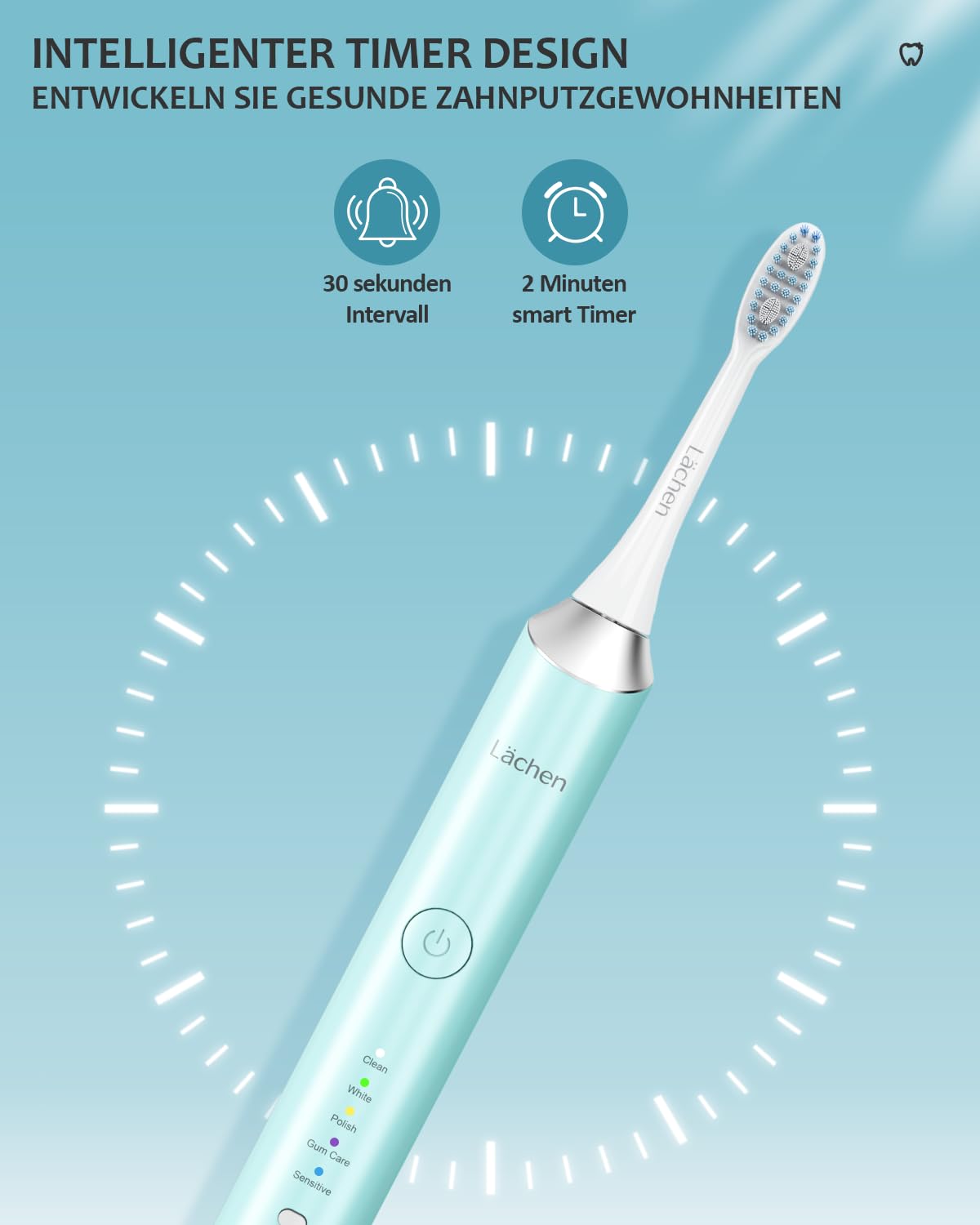 Lächen Cepillo de dientes eléctrico, 5 programas de limpieza con estuche de viaje, 6 cabezales de cepillo de dientes, recargable, IPX7 resistente al agua, cian