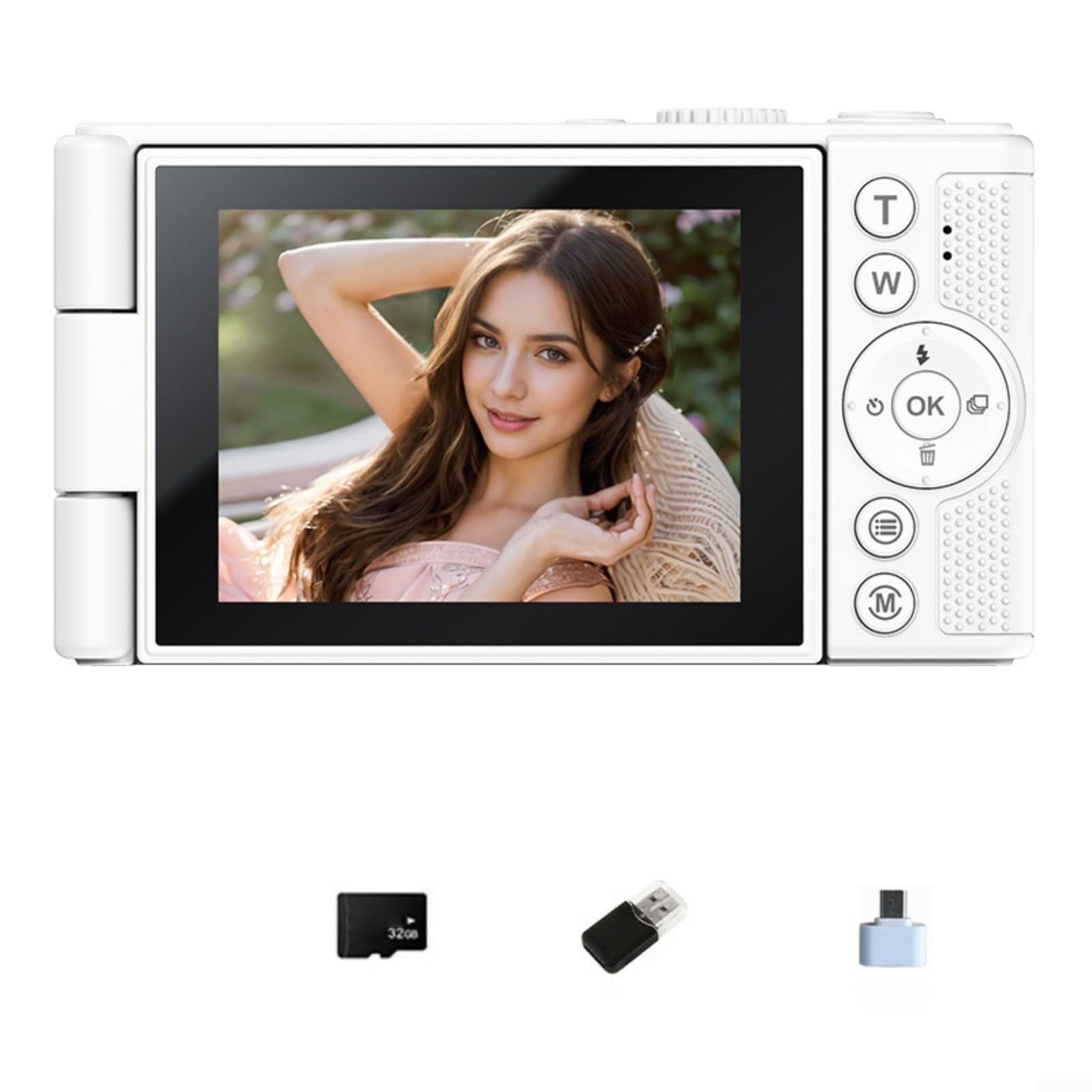 Fotocamera digitale da 64 MP 4K con zoom 16X e schermo a ribalta, telecamera compatta per vlogging per viaggi, studenti e selfie (bianco 32G)