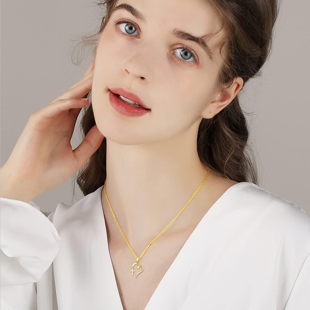 14K Real Gold Heart Necklace with Cross for Women Girls,Yellow Gold Faith Cross in Heart Pendant Necklace Love Religious Jewelry Gifts for Birthday Mothers Day 16+1+1 inch - Image 3