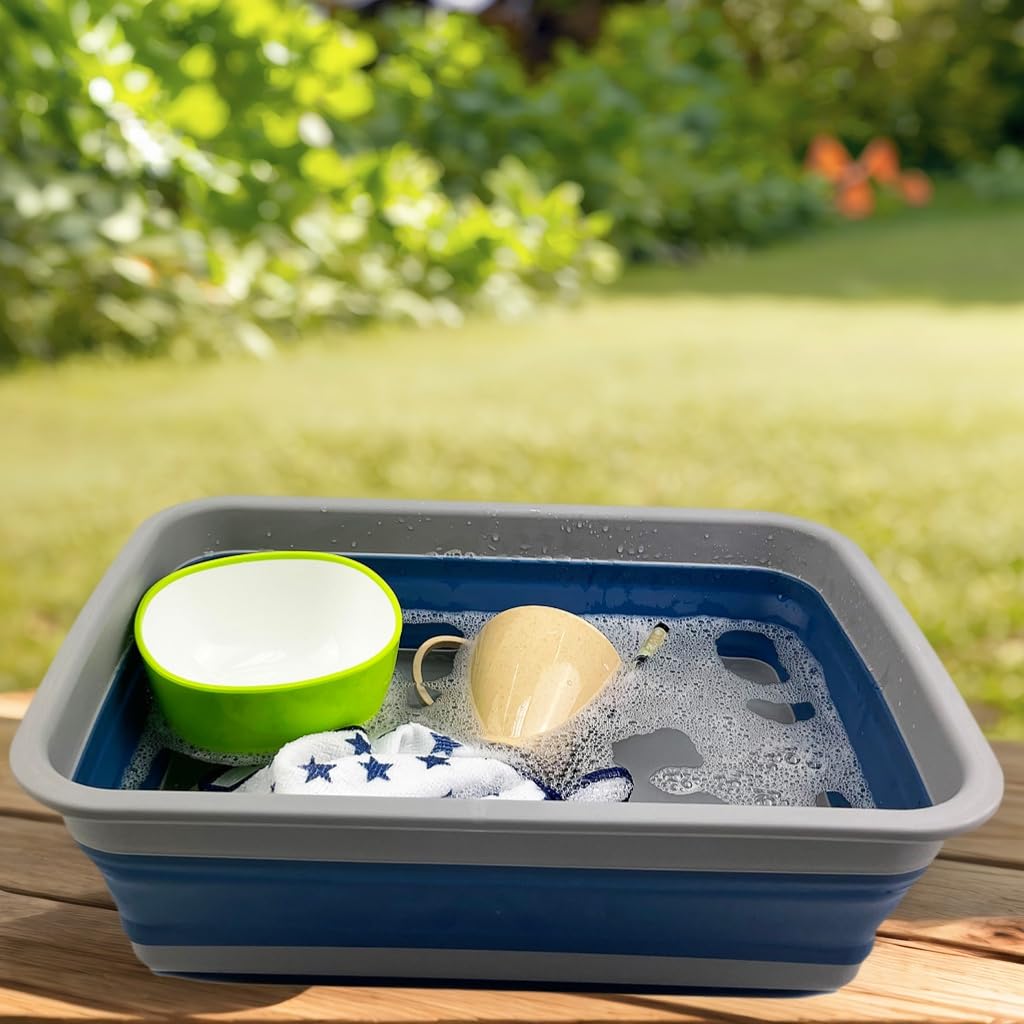 SAMMART Bassine pliable en plastique - 8 l - Pliable - Peu encombrant - Gris/bleu brouillard