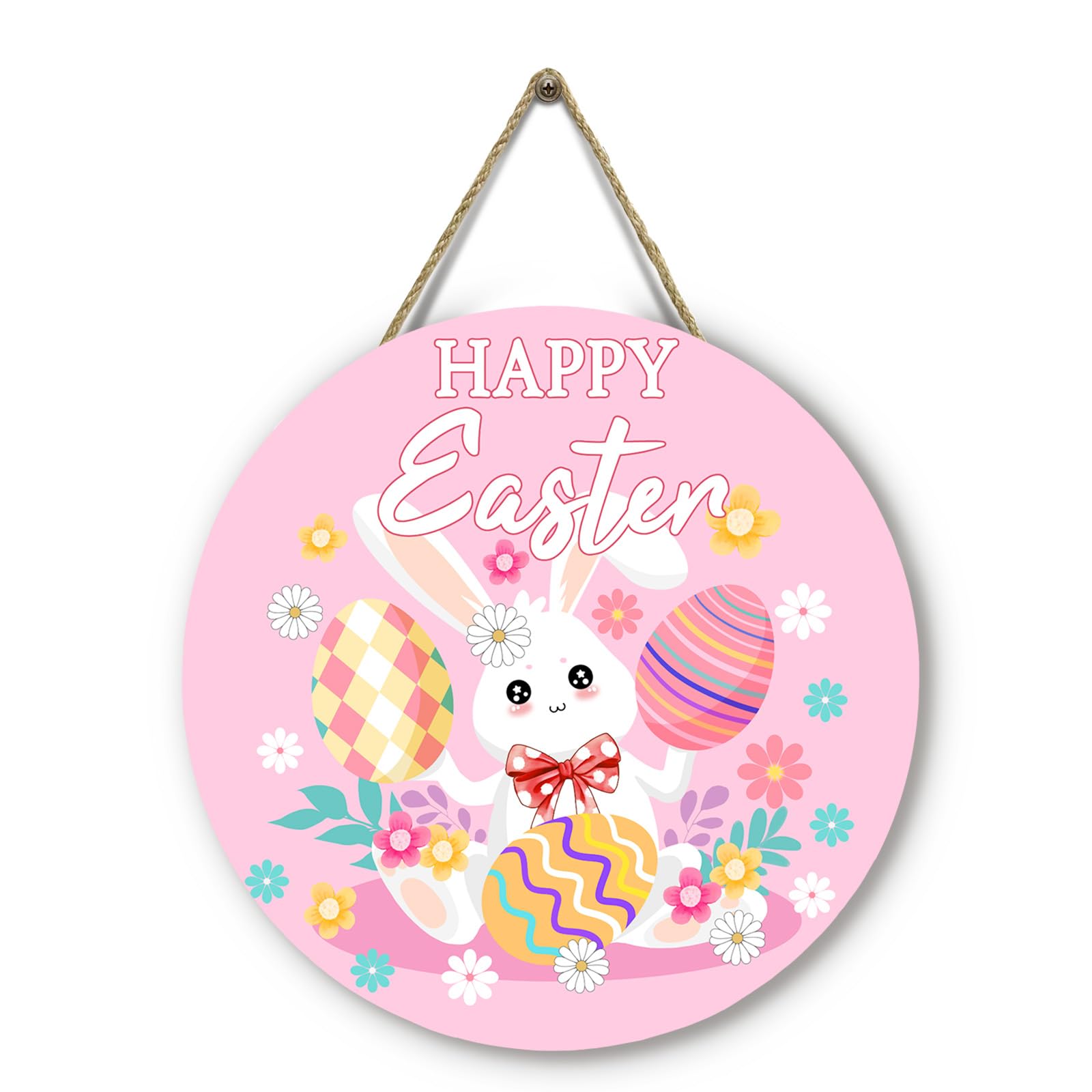 Happy Easter Bunny Front Door Signs Pink Easter Rabbit Eggs Door Hanger Spring Floral Wooden Porch Door Hanging Sign Farmhouse Decorations for Home Holiday Party