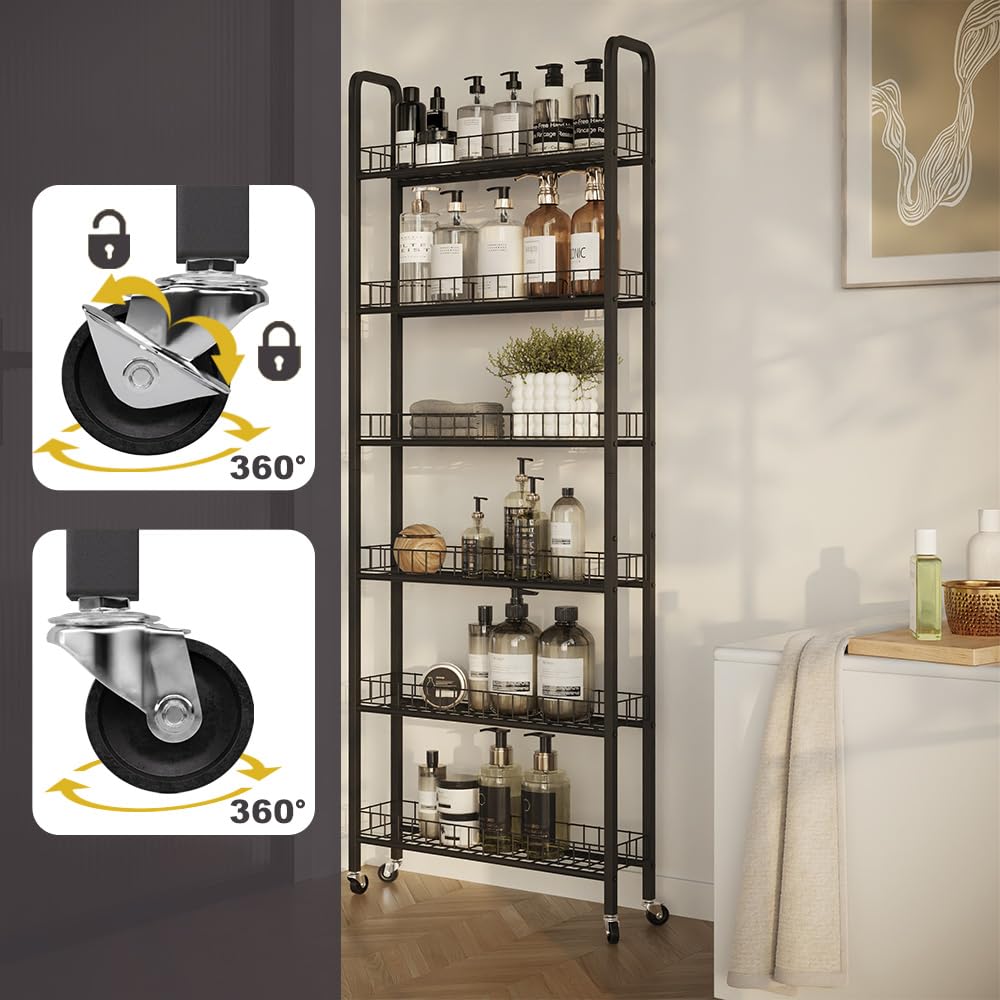 Vicco Piedistallo mobile Rolivo, Nero, 58 x 15 cm con 6 scomparti, posizionabile in modo flessibile su ruote per spazi stretti