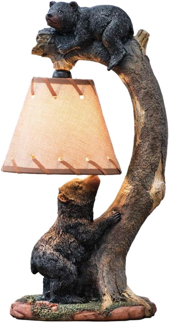 Ebros Whimsical Playful Climbing Black Bears On Bending Tree Branch Table Lamp Statue with Hanging Burlap Shade 15.75" High Wildlife Rustic Cabin Lodge Decor Forest Bear Family Desktop Bedside Lamps