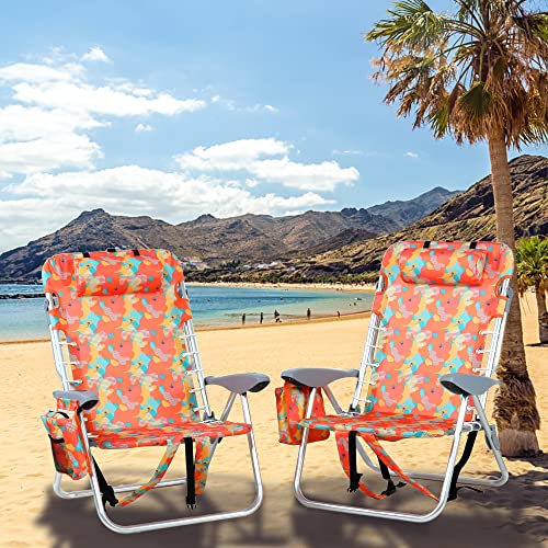 Green Party Backpack Beach Chair 2 Pack Aluminum Lightweight Folding Reclining Beach Chair With 4 Positions, Cooler Bag, Tower Bar And Armrest For Outdoor Camping Lawn, Support 250Lbs, Camo #TOP5