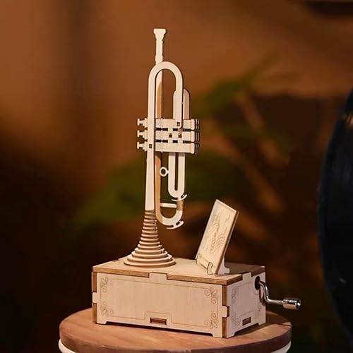 Miniatura 1 de YII WMOC Caja de música de rompecabezas de madera 3D, kit de modelo de trompeta, instrumento de manivela, caja de música de manivela, regalo de