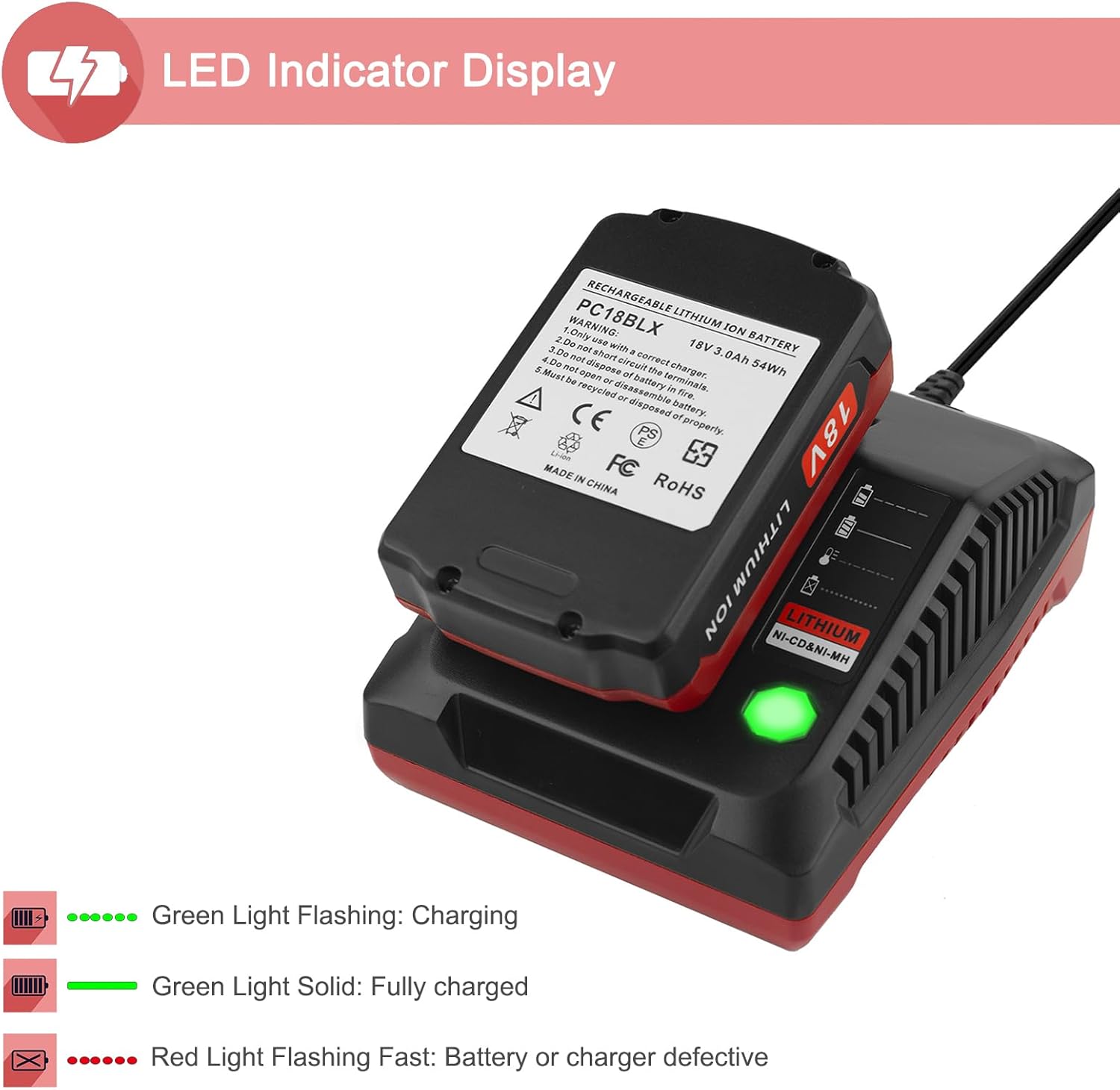 2 Packs 18V Lithium PC18BLX Battery and PCXMVC Charger Compatible with Porter Cable 18V Battery PC18B PC18B-2 PC18BL PC18BLX PC18BLEX - Image 6
