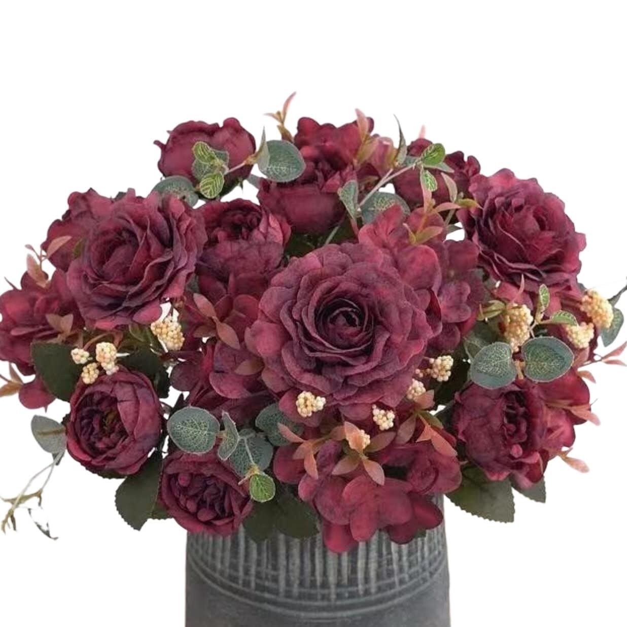Bouquet di rose e ortensie artificiali in seta, fiori da sposa vintage con peonie(Red)