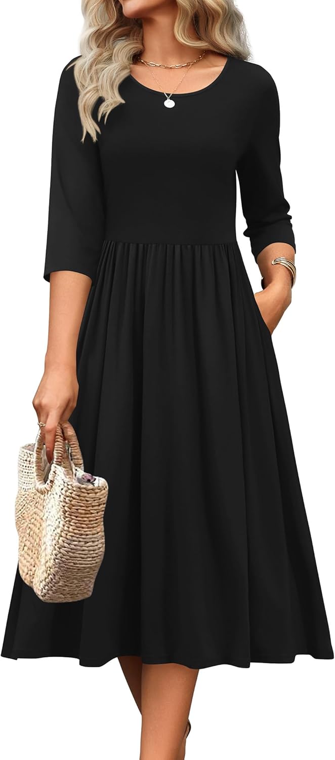 Zeagoo 3/4 Sleeve Women's Dress Casual Flowy A-Line Midi Tshirt Dresses with Pockets Crewneck Vocation Boho Beach Sundress 01-black X-Large
