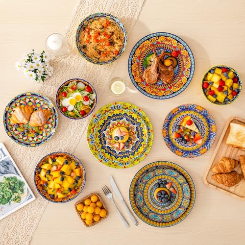 Image of vancasso 24 Pieces Plates and Bowls Set, Bohemian Style Dinnerware Sets Service for 6, Porcelain Boho Dishes Set for Kitchen, Housewaring Gift, Dishwasher and Microwave Safe, Series KRVI