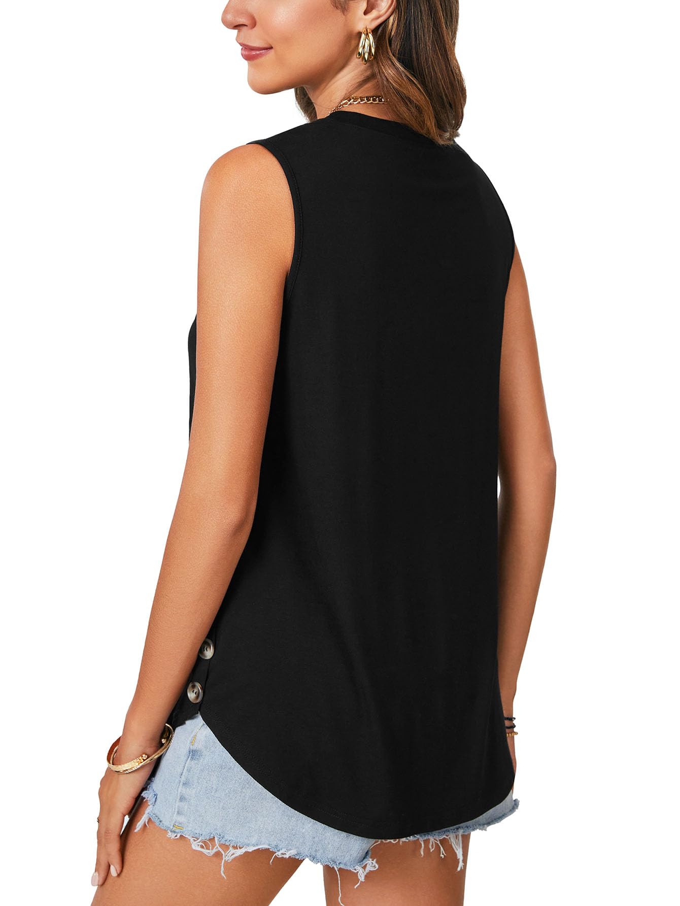 LYANER Women's Crew Neck Ruffle Sleveeless Button Slit Side Casual Tank Top Shirts Blouse