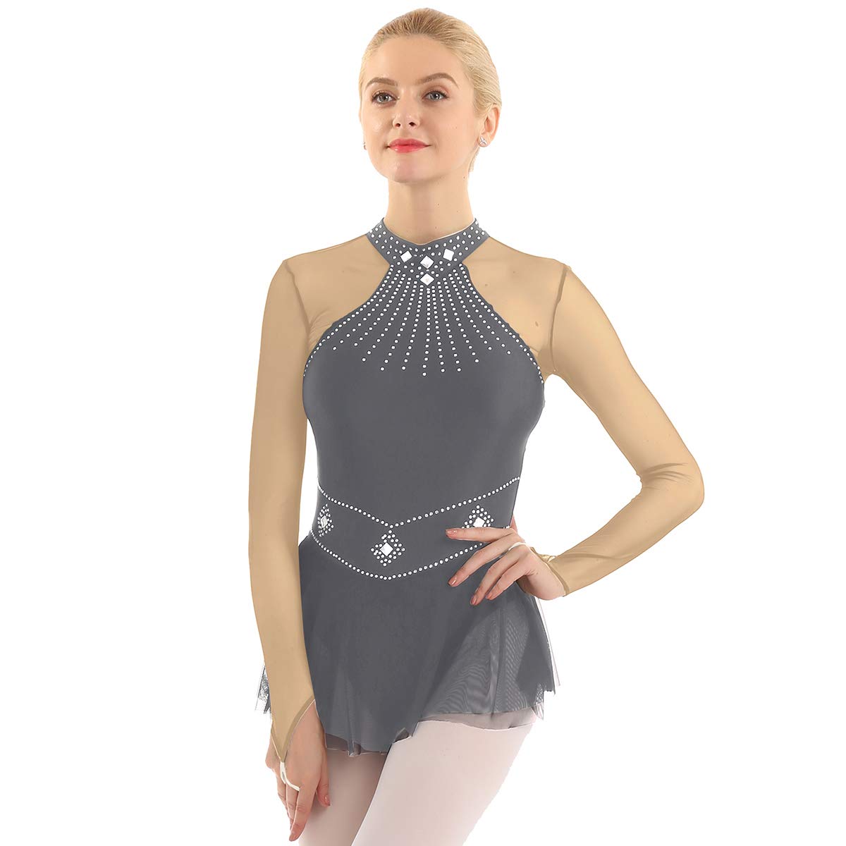 moilyWomen's One Piece Long Sleeve Shiny Rhinestones Fingertip Mesh Splice Leotard Tutu Dress - Grey - Small