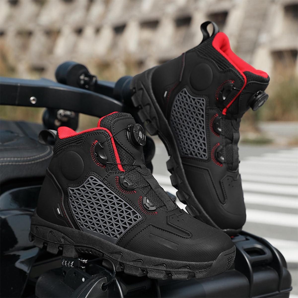SDEQA Chaussure Moto Homme Femme, Bottes Moto Boucle Rotative Imperméables avec Cuir renforcé,Bracelets de Cheville
