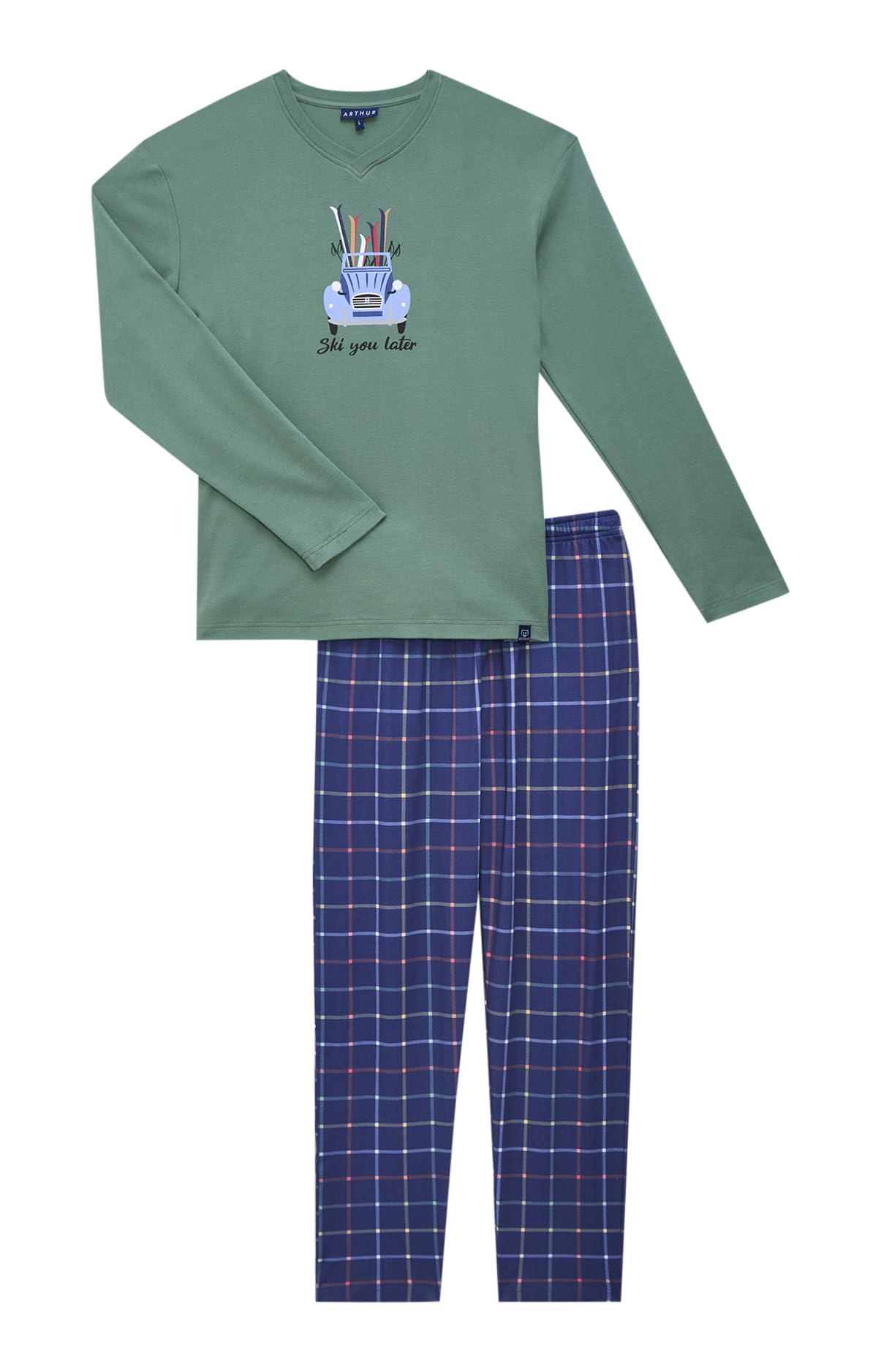 ARTHUR - Pyjama Homme, Ensemble Manches Longues et Pantalon - 100% Coton Bio léger - Motif Carreaux/Rayures