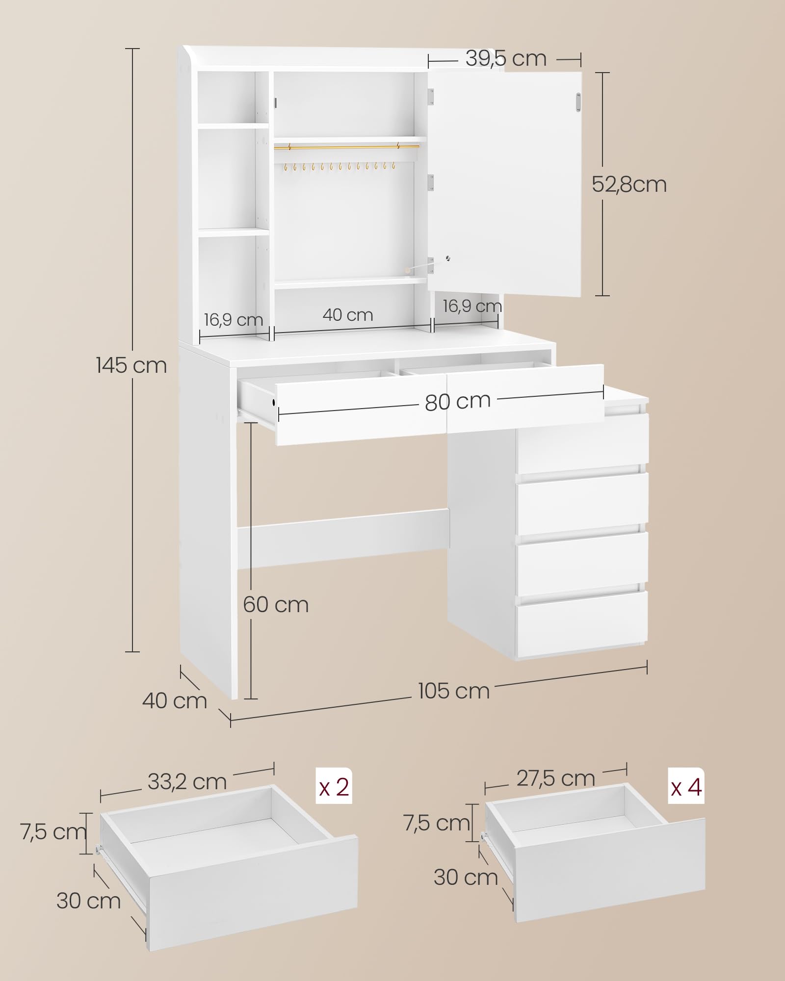VASAGLE Coiffeuse avec Miroir LED, Luminosité Réglable, Multiprise, Table de Maquillage, 40 x 105 x 145 cm, Compartiments Ouverts, Étagères Réglables, Moderne, Blanc Nuage, Kailyn RDT144WB01