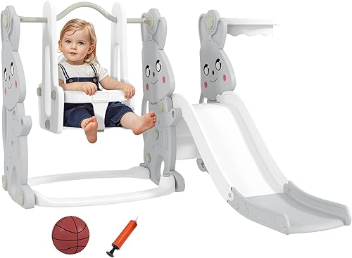 Qaba Juego de tobogán y columpio 4 en 1 para niños de 1.5 a 4 años, parque infantil con temática de conejo con escalador, aro de canasta, para patio