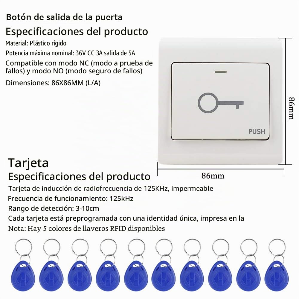 KDL Kit de Sistema de Control de Acceso RFID Completo Teclado autónomo con NO Tipo de Cerradura eléctrica Strike, DC12V / 3A Fuente de alimentación, Interruptor de Salida de Puerta, 10pcs Llaves RFID