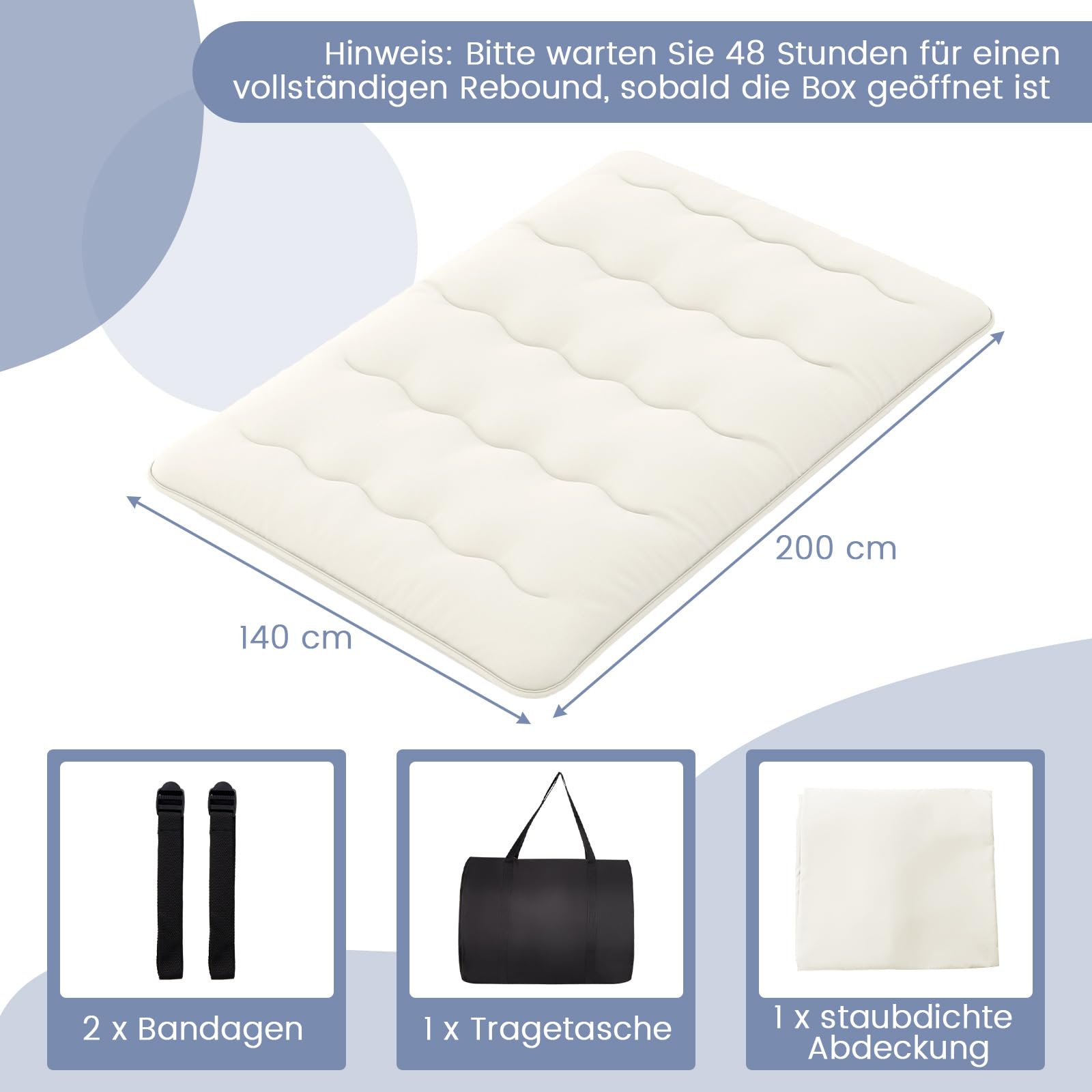 COSTWAY Japoński materac futon, mata tatami, materac podłogowy, składany materac z nadającą się do prania pokrowcem, składana mata do spania z torbą do przenoszenia, 140 x 200 cm, beżowy