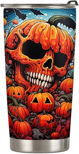 Vaso de Halloween de 20 onzas, vaso de calavera, vaso de calavera de calabaza de Halloween, taza de viaje aislada con tapa, termo de café para