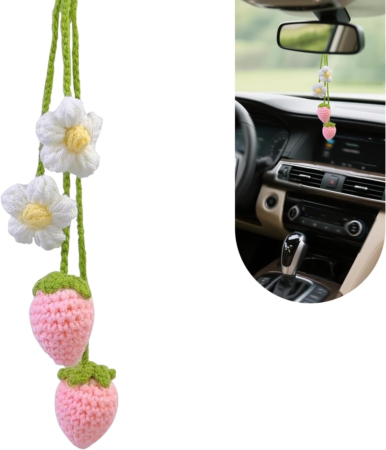 2 PCS Crochet Strawberry and Flower Car Rear View Mirror Hanging Accessories, Cute Handmade Knitted Hanging Ornament for Rearview Mirror, Creative Car Decoration Accessories for Women (Pink)