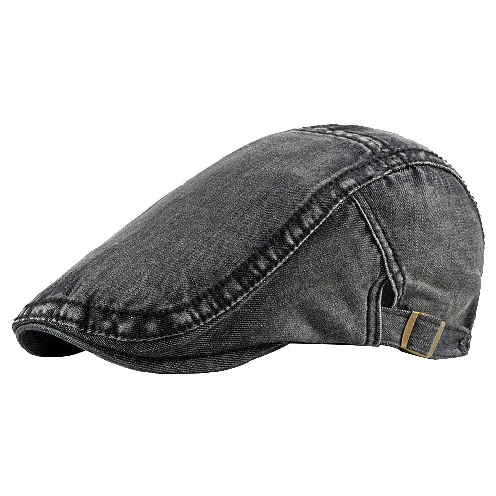 Kangqifen Mens Denim Flat Cap Cotton Gatsby Ivy Irish Hunting Newsboy Hat Adjustable Black