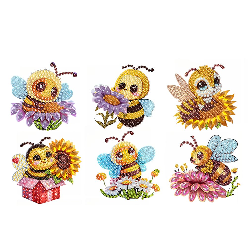 6PCS Bee DIY Diamond Painting Refrigerator Magnet Kit Mini Diamond Refrigerator Stickers Art Magnet Fridge Stickers Easy DIY Crafts for Beginner Ages 6-12 Decor Gift