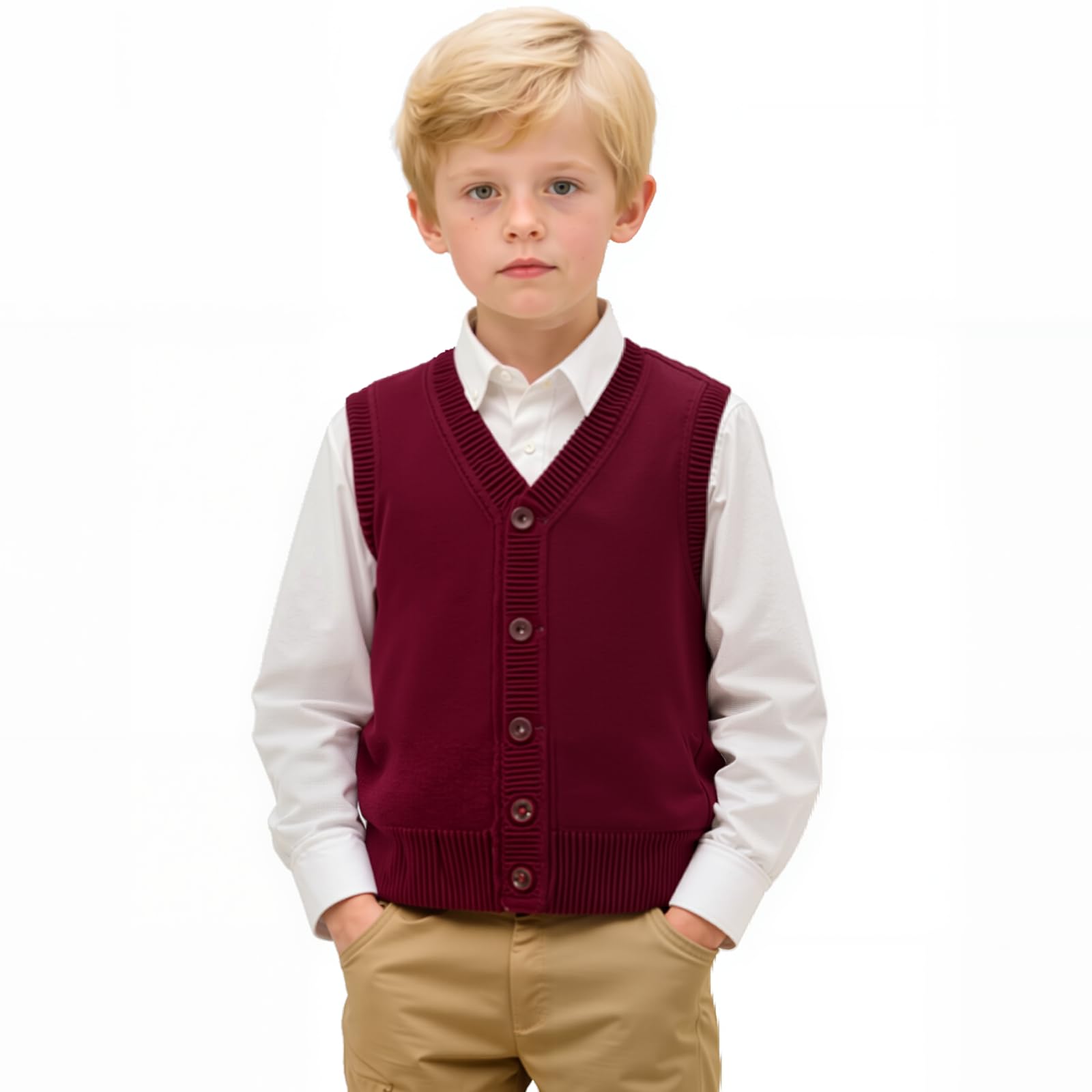 Yanmucy Gilet tricoté sans manches à col en V pour garçons et filles, uniforme scolaire, pull cardigan assorti pour enfants âgés de 5 à 14 ans