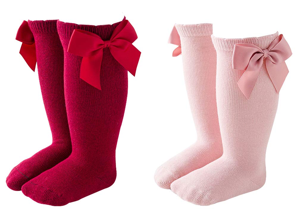 NANQUAN Maorrew 2 Pack Baby Girls Knee High Socks Bow Long Stockings Infants Toddlers Cotton Ruffled Uniform Leggings Wine Red/Pink 0-12 Months
