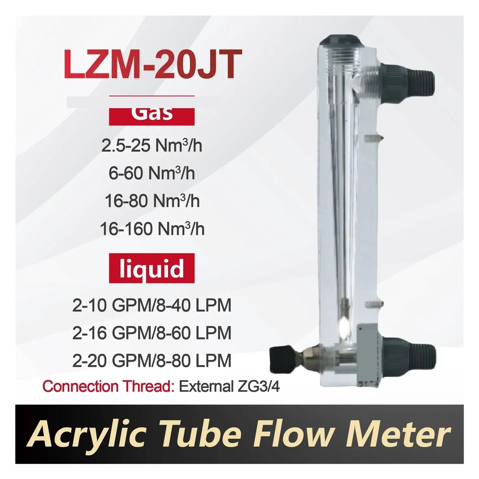 Medidor de flujo acrílico LZM-20JT, medidor de aire rotámetro de montaje en panel con válvula de control ajustable for agua, aire, líquido industrial(2-16GPM 8-60LPM)