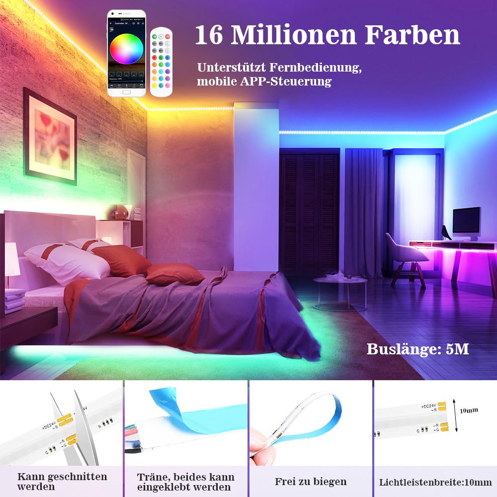 Striscia luminosa a LED COB RGB da 5 m, 576 LED/M, 2880 LED, 24 V, dimmerabile, deformabile, con telecomando, striscia luminosa funziona con Google Home Assistant/Alexa