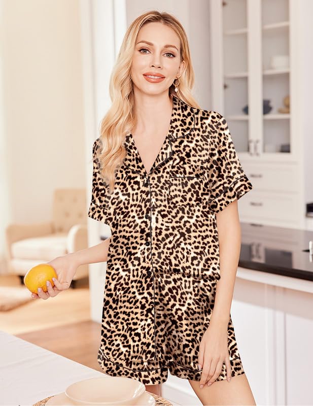 Image of Ekouaer Silk Pajamas for Women Set Satin Soft Short Sleeve Button Down Pjs | 3 Piece Loungewear,Comfy Sleepwear,Silky Smooth Fabric,Gift for wedding,Bridal Party,Coffee Time,Vacation