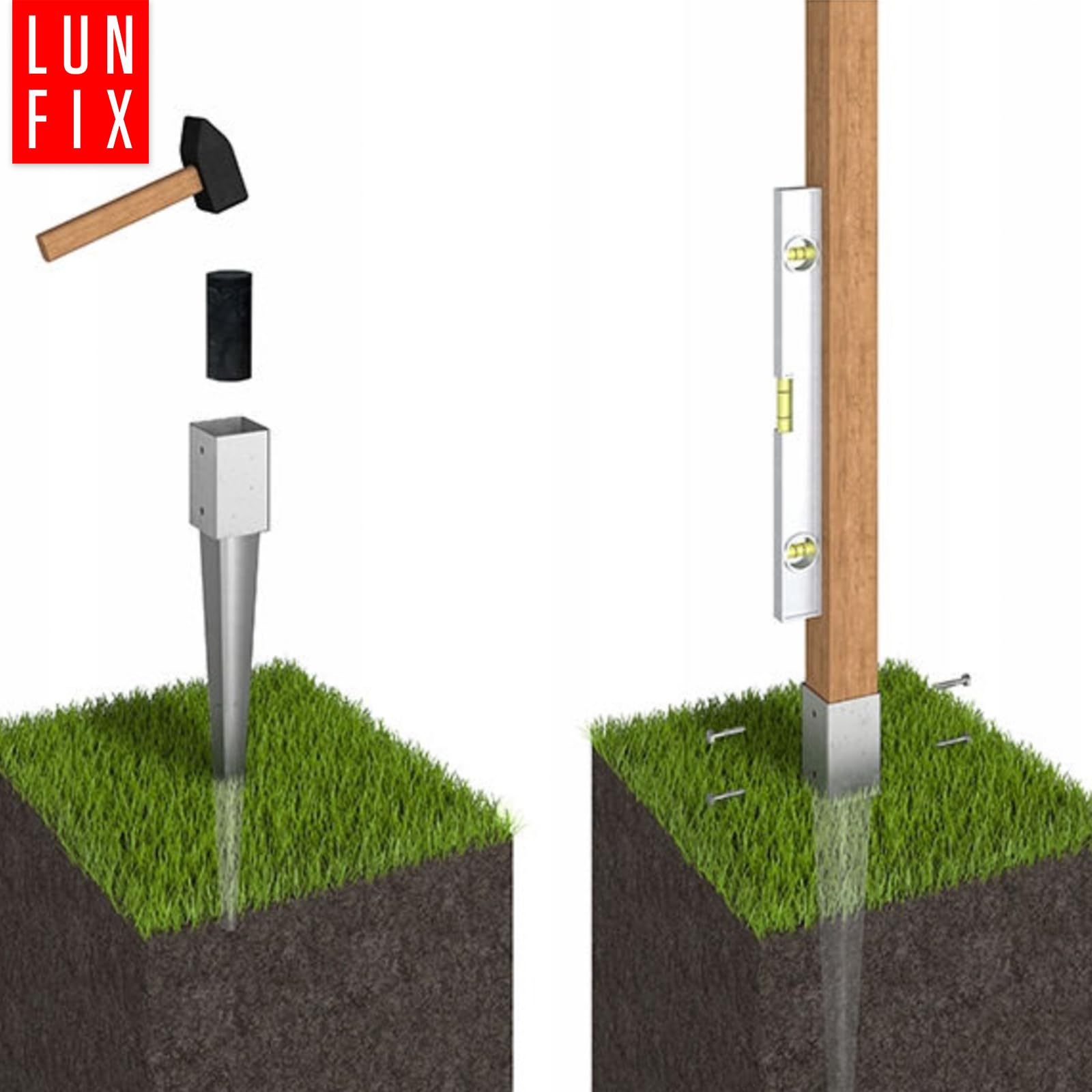 Einschlag-Bodenhülse 100x100mm, SET Aus 4 Stück Für Holzpfosten 4-Kant, Feuerverzinkt 1,8 mm Materialstärke, Für Zäune & Gartenprojekte, Gesamtlänge 750 mm