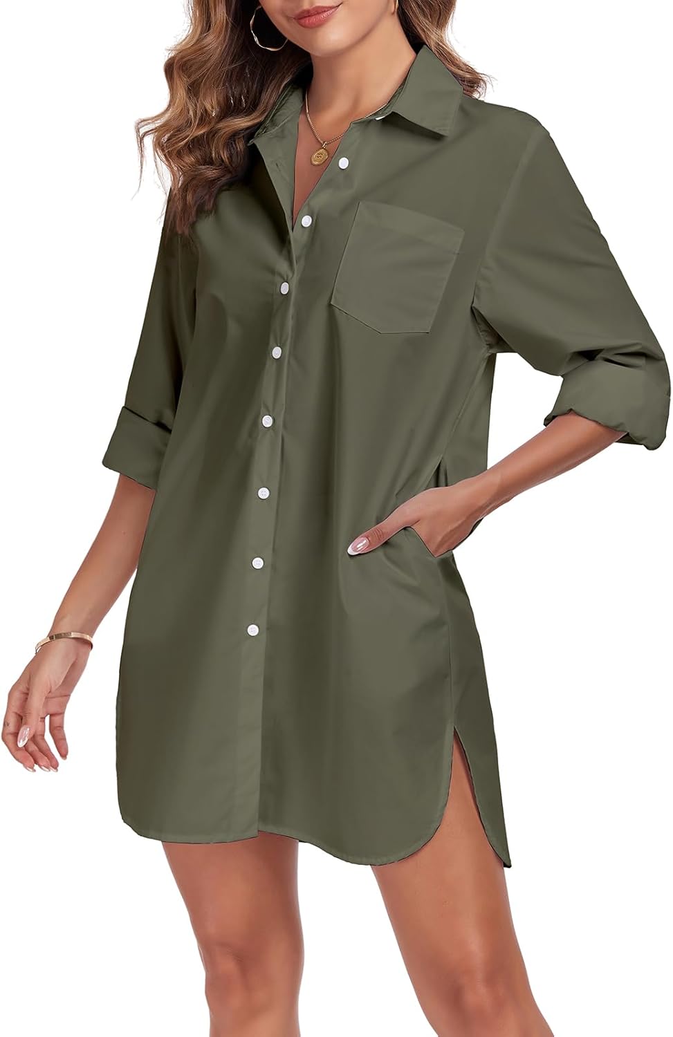 Women's Button Down Shirt Dress with Pockets Oversize Collared Long Sleeve High Low Tunic Dresses Blouse - Image 2