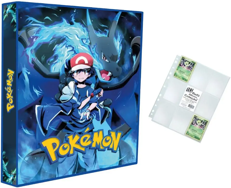 Álbum Pasta tipo Fichário compatível com Card Pokémon - Charizard Shiny e Ash + 10 folhas plásticas de 9 bolsos YES