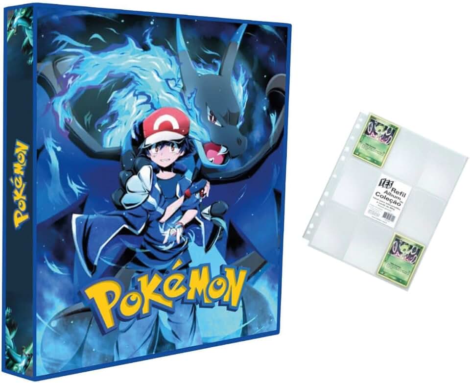 Álbum Pasta tipo Fichário compatível com Card Pokémon - Charizard Shiny e Ash + 10 folhas plásticas de 9 bolsos YES