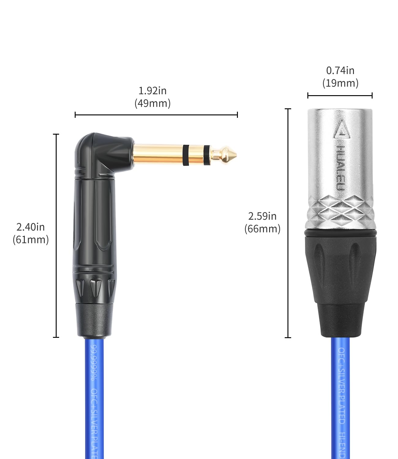 Paquete de 2 cables de audio macho TRS a XLR de 3 pines en ángulo recto, 20 AWG 6N OFC + cable de audio chapado en plata, ángulo recto de 6,35 mm TRS a XLR macho, cable equilibrado para