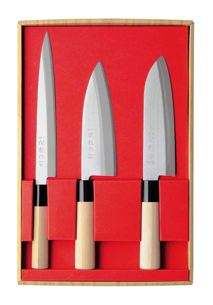 SekiRyu Set de 3 Couteaux Japonais SR801 - Sashimi, Santoku et Deba - Lame en Acier Inoxydable