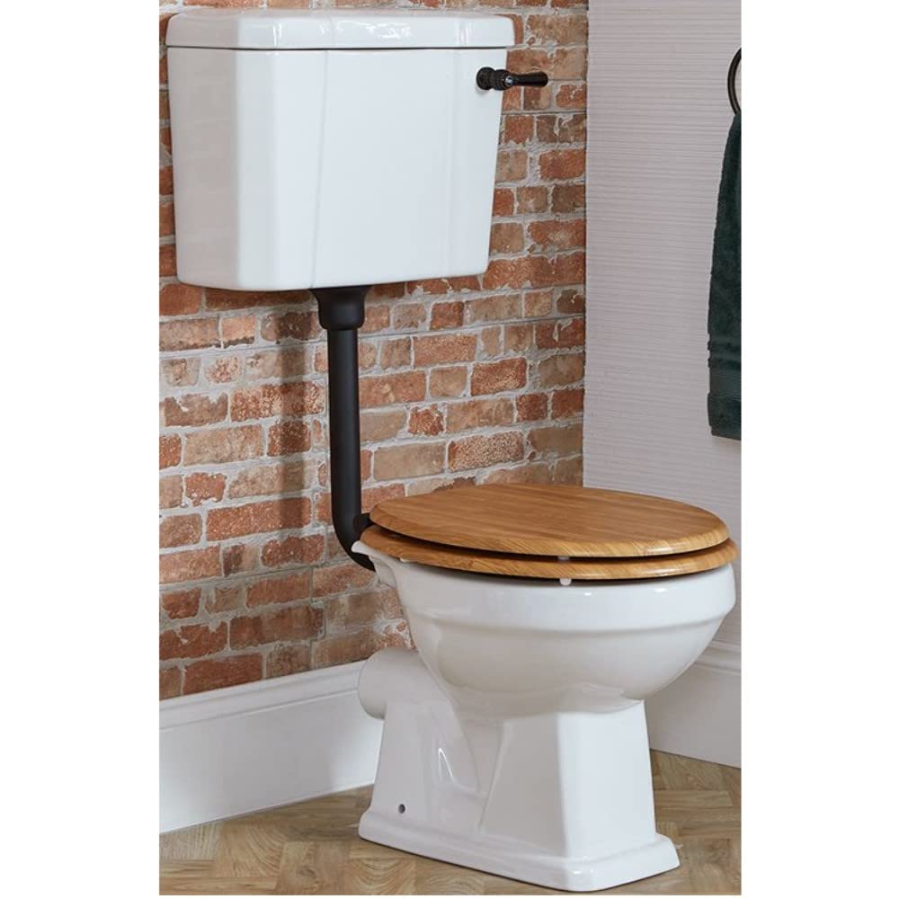 Milano Richmond Comfort Height Low Level Cistern Toilet WC Oak Effect Seat - Black Flush Kit