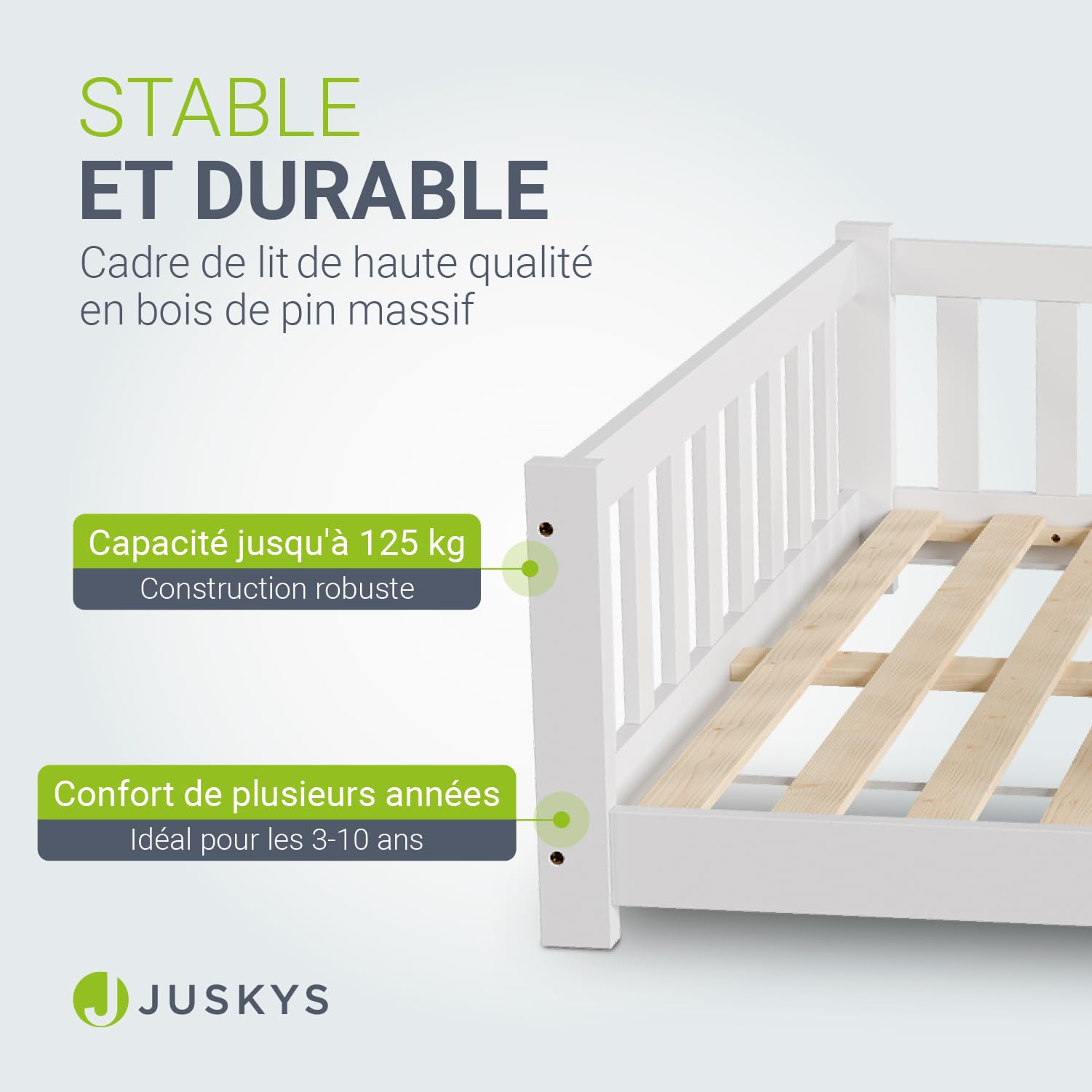 Juskys Lit au Sol Enfant Naya 120x200 cm avec Barrière de Sécurité et Sommier à Lattes, Lit à barreaux Montessori en Bois Massif Pin pour Enfants et Adolescent, Blanc