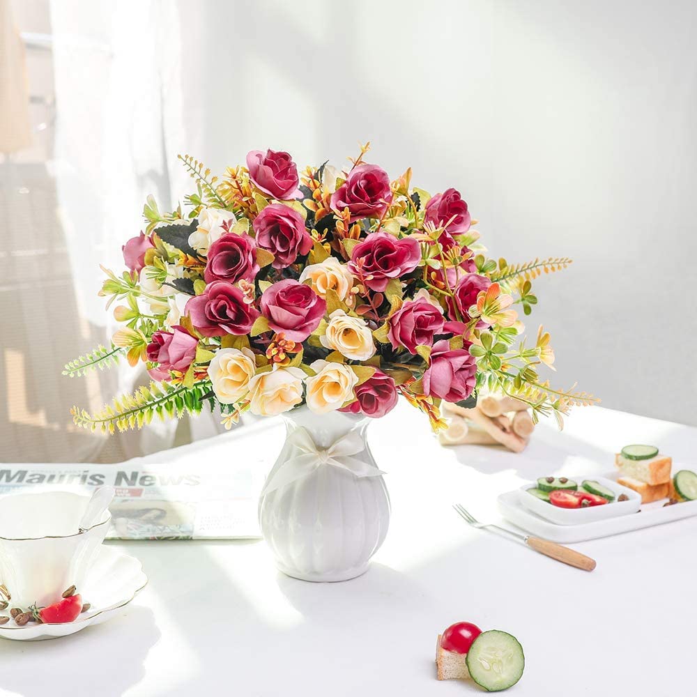 LESING Rosa artificiale in seta con vaso, fiori finti per matrimoni, bouquet di fiori, decorazione per casa, ufficio, feste, centrotavola, decorazione da tavolo (rosso viola-1)
