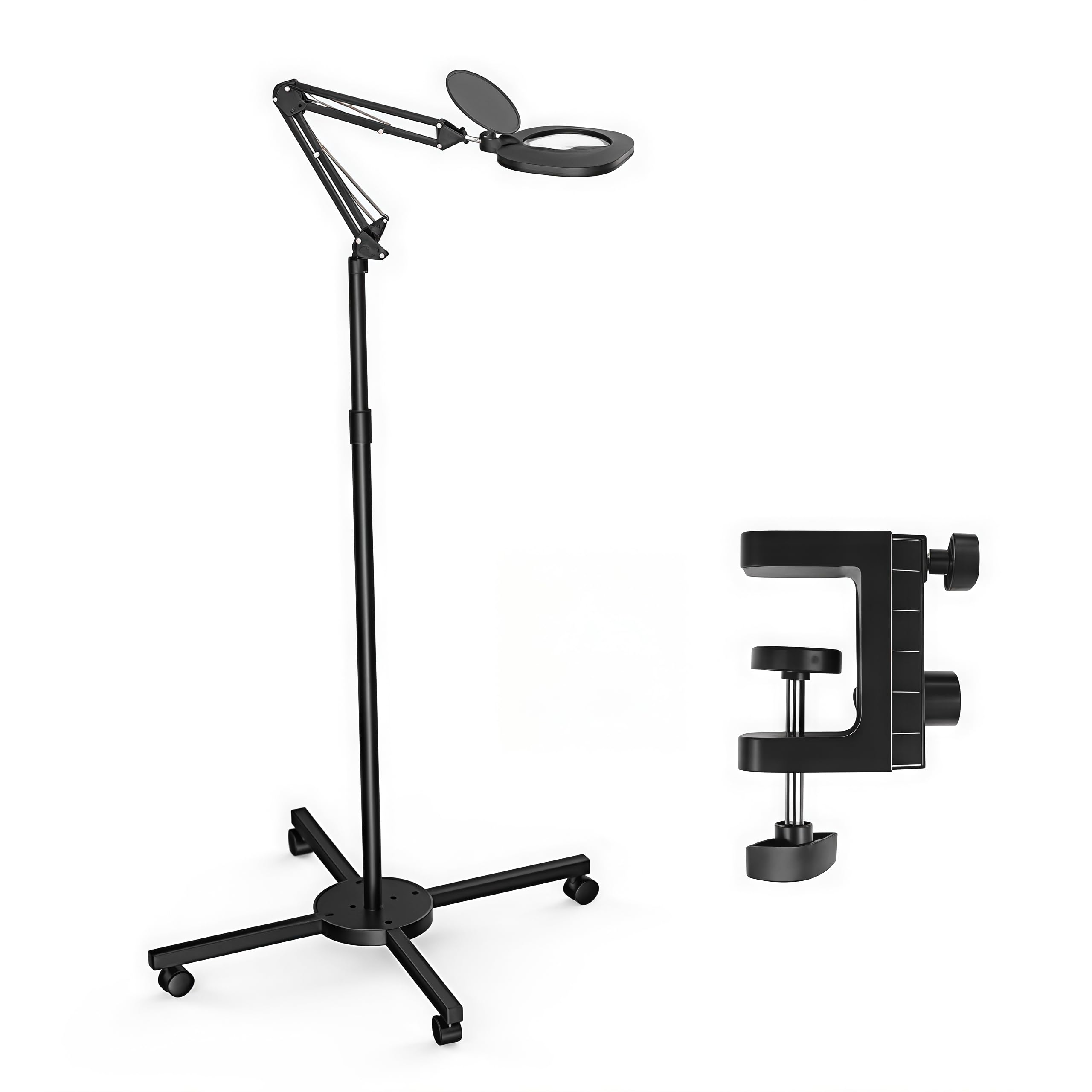 Lupa con Luz, Lupa 10X con Luz y Soporte y Temperatura de Color de 6500 K | Lámpara de Pie/Pinza 2 en 1 con 4 Ruedas y 5 Modos de Color Lámpara de Aumento LED para Leer Coser y Tratamientos Faciales
