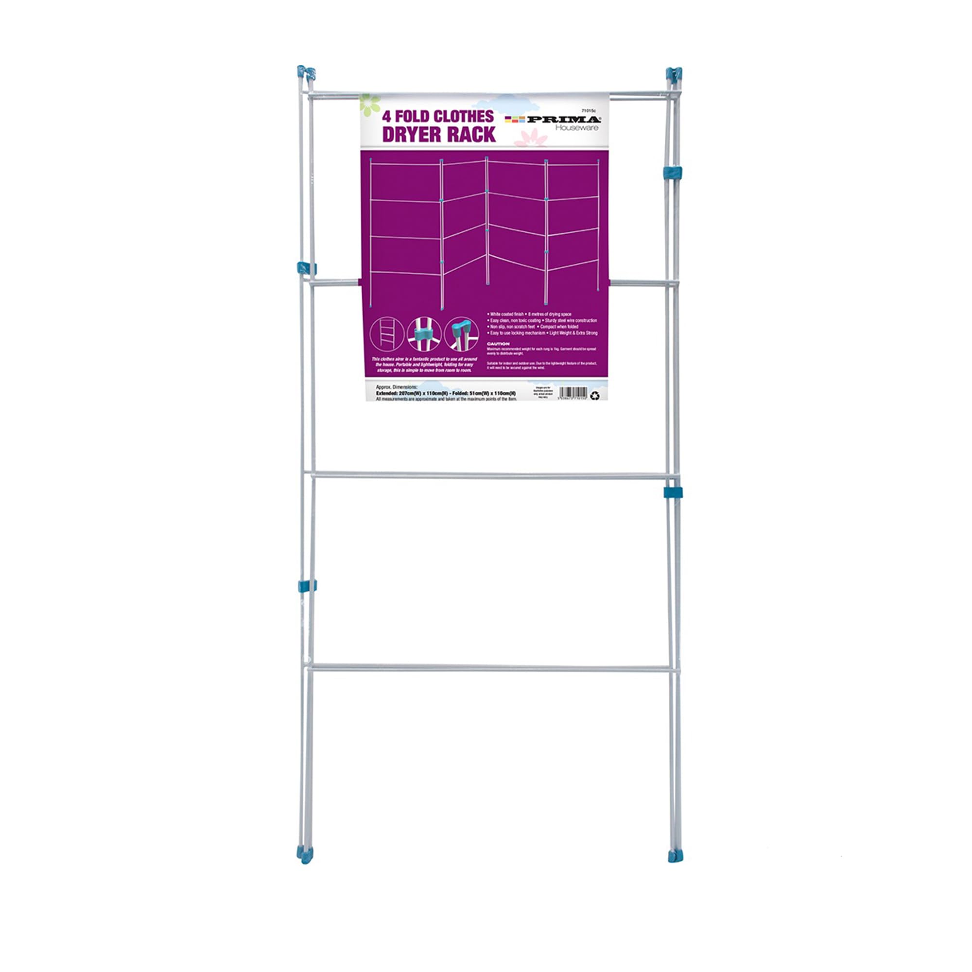 4 Fold Clothes Airer Laundry Drying Rack - Indoor & Outdoor Use | Concertina Dryer Horse Baby Kids Patio | Flat Foldable Towel Washing Line, Non Slip Feet, Space Saving | H 110 X W 207 Cm