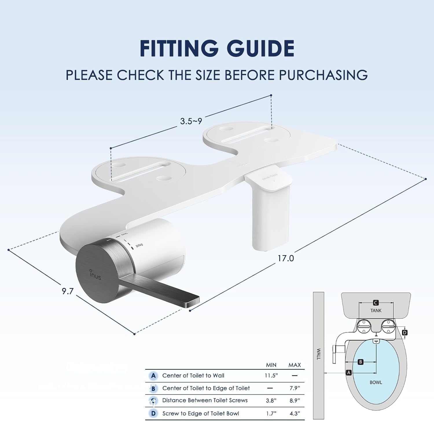 INUS Dual Nozzle Bidet Attachment for Existing Toilets Seat,Slim Non-Electric Bidet Toilet Seat Attachment with Easy-to-Hold Design Control-Stainless Steel Color