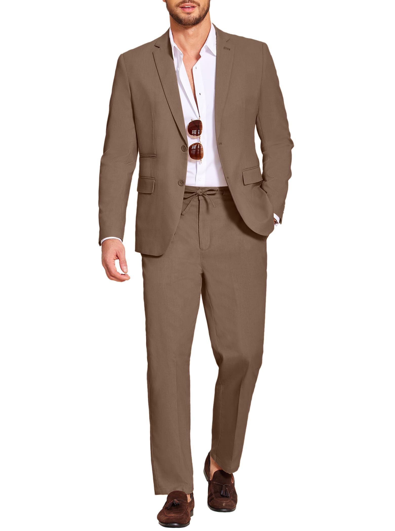 Photo 1 of COOFANDY Men's 2 Piece Casual Linen Suits Lightweight 2 Button Business Wedding Suit Jacket Dress Pants Brown