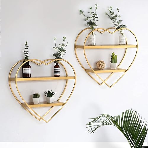 Miniatura 4 de LiPengTaoHome Estantes de pared flotantes en forma de corazón de metal de 2 niveles para dormitorio (oro, 19.7 x 5.9 x 20.1 in)